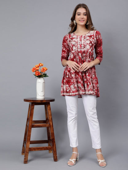 Printed Lucknowi Tunic with Intricate Neckwork | Daily Wear Tunic - Stunics