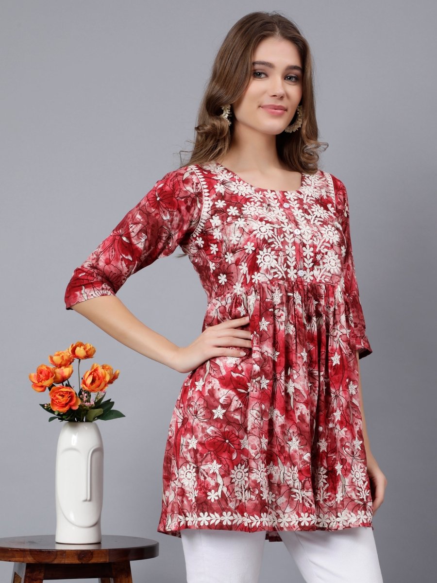 Printed Lucknowi Tunic with Intricate Neckwork | Daily Wear Tunic - Stunics