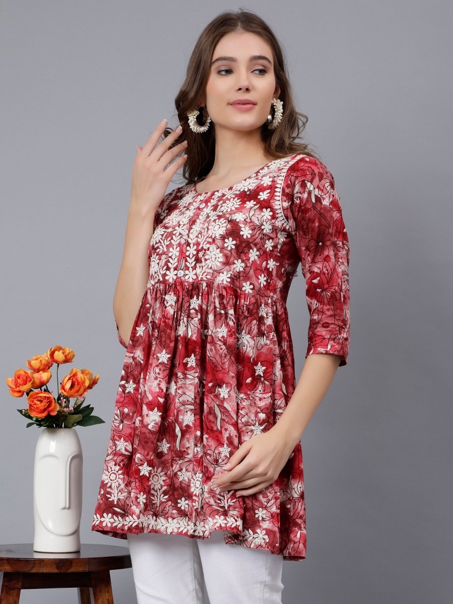 Printed Lucknowi Tunic with Intricate Neckwork | Daily Wear Tunic - Stunics