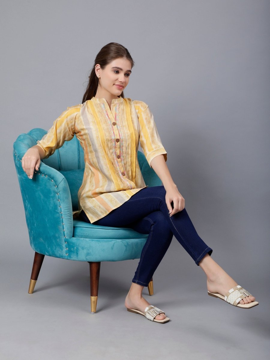 Printed Striped Tunic with Neckwork for Casual Comfort - Stunics